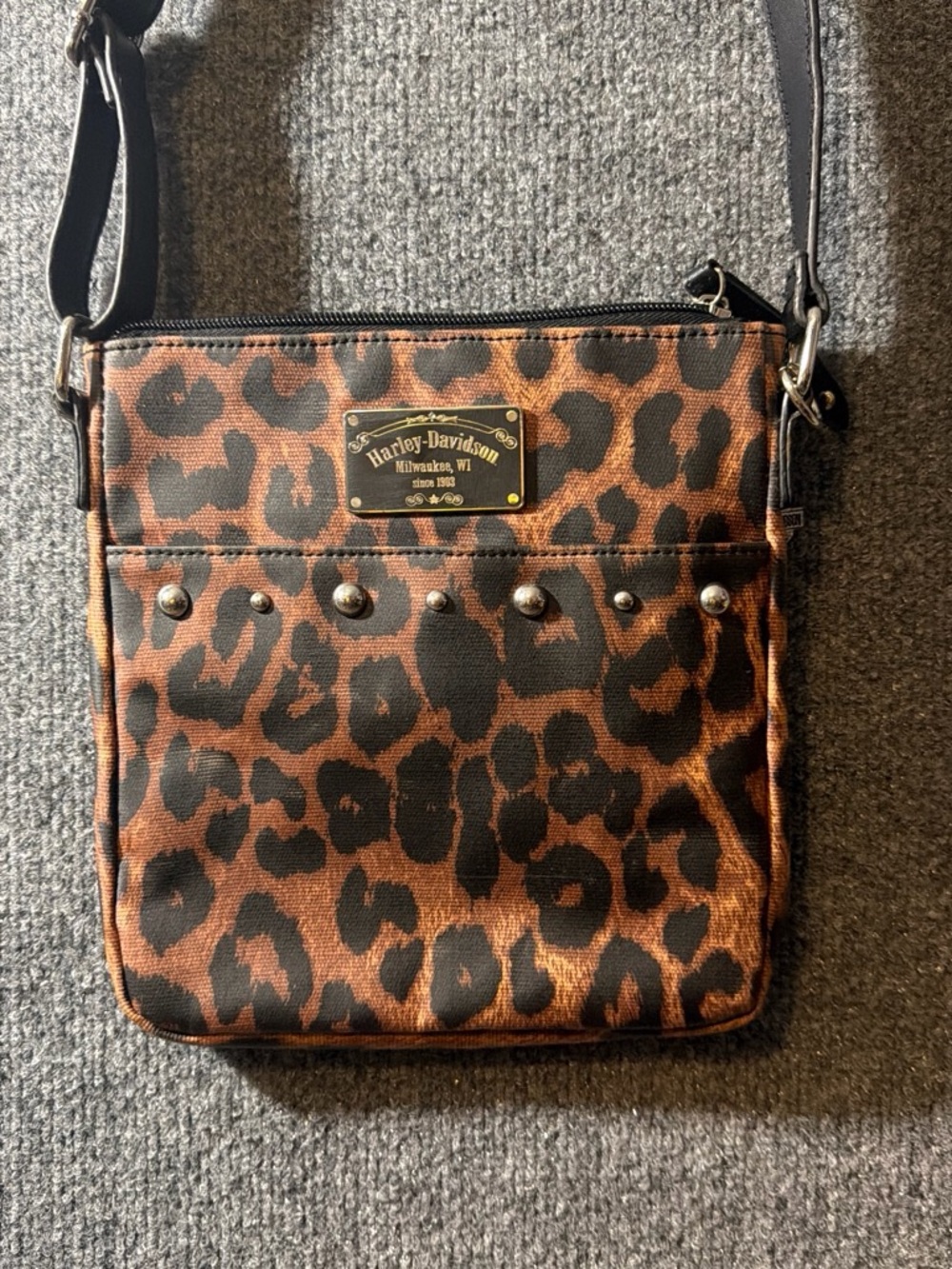 Harley-Davidson Leopard Print Crossbody - Brown & Black with Stud Accents